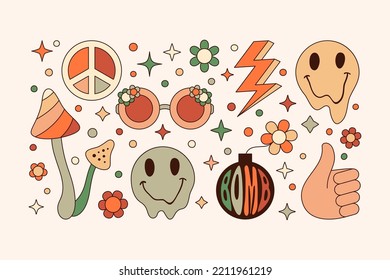 Groovy Elements Set in Retro Hippie Style 70s . Geometric Abstract Vector Stickers: Like Hand, Melting Smiling Face, Mushroom, Peace Sign, Bomb and Sunglass for Creating Logo, Patterns, Posters