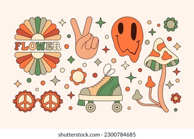 Elementos Groovy establecidos en estilo retro hippie 70. Pegatinas de vectores de abstracto geométrico: Flor de margarita, mano de victoria, cara de fusión, champiñón, rodillos y vidrio de sol para imprimir, crear logotipo, patrones