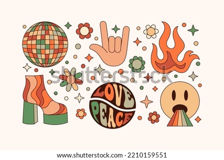 Groovy Elements Set in Retro Hippie Style 70s . Geometric Abstract Vector Stickers: Disco Ball, Rock Hand, Fire, Shoe and Emoji for Print on T-Shirts, Posters, Creating Logo, Patterns