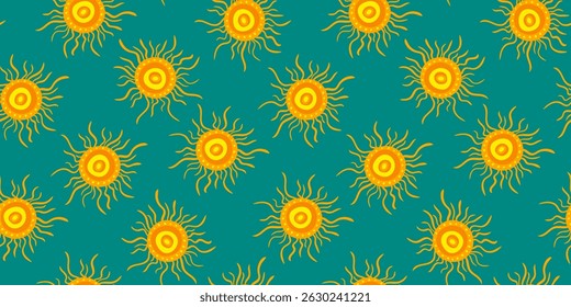 groovy emerald sun pattern wallpaper - vibrant summer aesthetic, bohemian folk art, abstract desert vibe, hand-drawn repeat texture, bright warm seamless background