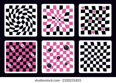 Groovy emo punk 70s fondo vectorial conjunto. Patrón de cuadros en estilo retro trippy de moda. Color negro y rosa. Vector torcido y distorsionado en estilo psicodélico retro moderno