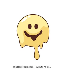 Groovy emoji melts vector illustration. Cartoon isolated sticker with yellow face of emoticon character melting with drips and splashes, emoji with funny psychedelic acid smile and trippy mood