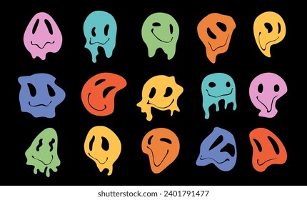 Groovy emoji set. Psychedelic faces of different colors melt with funny facial expressions, optical effects and drips. Trippy retro stickers collection on black background, cartoon vector illustration