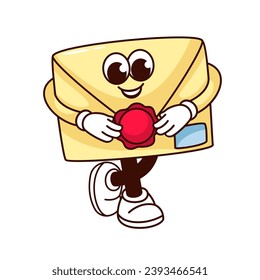 Groovy envelope character vector illustration. Cartoon isolated retro sticker of closed paper envelope with wax red seal, mail message and postal surprise invitation mascot with funny smile on face