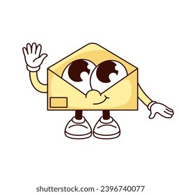 Groovy envelope character vector illustration. Cartoon isolated retro comic message sticker, funny yellow open paper envelope with big eyes and smile waving hand, cute mascot with arms and legs