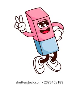 Groovy eraser character vector illustration. Cartoon isolated weird stationery retro sticker of funny dance of blue and pink eraser, school supply mascot dancing, walking with hippie victory gesture