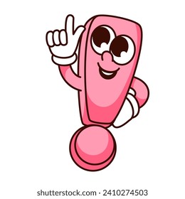 Groovy exclamation point cartoon character pointing finger up. Funny retro typography mascot, attention to important information from cartoon exclamation mark, sticker of 70s 80s vector illustration