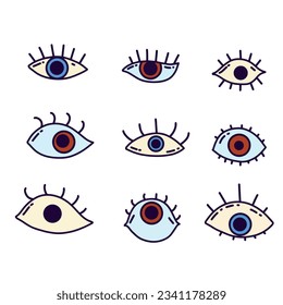 Groovy eye elements. 70s, 80s, 60s vibes funky sticker. Retro psychedelic vector illustration. Vintage nostalgia element for card, poster design and print