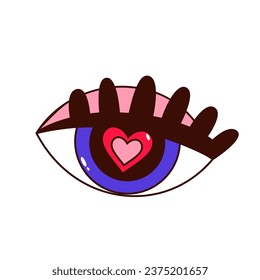 Ojo gruñón con ilustración del vector del corazón. Caricatura aislada retro lindo emoji de amor y pasión, emoticono con corazones dentro de los ojos para coquetear en el chat romántico en los medios sociales, pegatina para el Día de San Valentín