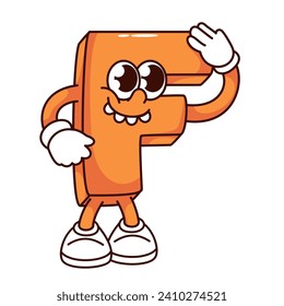 Caricatura de letras del alfabeto groovy F con sonrisa y dientes divertidos. Graciosa mascota retro del tipo de letra sonriente, caricatura F letra naranja con expresión cómica, pegatina ABC de la ilustración vectorial de los años 80