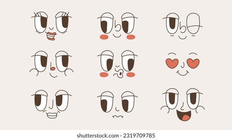 Groovy faces of the 70s. Comic cartoon retro eyes and mouths with different emotions. Vector