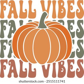 Groovy Fall Vibes Text mit Kürbis, Kalligrafie Skript Text. Vektorgrafik. Design für Druck auf Hemd, Poster, Banner auf weißem Hintergrund Illustrator Kunstwerk