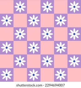 Groovy fancy daisy flower geometry pattern in 60s,70s,80s style, floral checkered background vector illustration, trendy retro ornament for surface design, textile, stationery, wrapping paper, cover