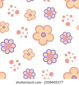 Groovy fancy daisy flower seamless pattern in 60s, 70s, 80s style, floral repeat ornament vector illustration, trendy retro background for surface design, textile, stationery, wrapping paper, cover