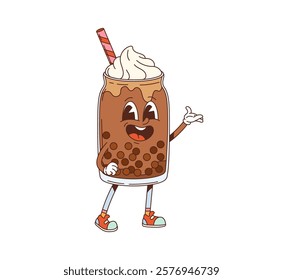 Groovy fast food bubble tea drink dessert character. Cafe milkshake or chocolate dessert drink with whipped cream and straw. Fast food menu summer sweet icy beverage glass cup cheerful personage