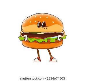 Groovy personagem hambúrguer fast food. Isolado vetor de desenhos animados retro saboroso beefburger fastfood personagem com uma carne e alface, de pé akimbo com sorriso confiante, exala frescas vibrações funky dos anos 60 ou 70