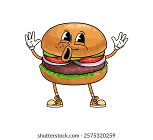 Groovy fast food burger character. Isolated cartoon vector personage radiates joy and laid back mood with its funny face, spreading happiness with infectious, playful energy and nostalgic retro vibes