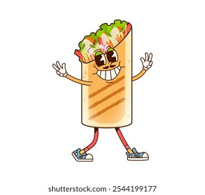 Caráter de burrito de fast food Groovy. Cartoon retro mexicano tex mex personagem com bigodes piscando gestos de paz. Shawarma vetor isolado, vintage nostálgico fastfood com 60s ou 70s vibes