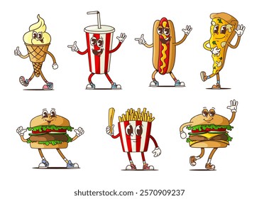 Groovy fast food characters of cute retro burgers, drink and dessert. Vector psychedelic fast food hamburger, pizza, hot dog and soda cup. Cartoon groovy french fries, ice cream cone and cheeseburger