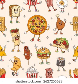 Groovy fast food characters seamless pattern. Vector tile background featuring funny nostalgic pizza, burger, taco, sushi, and croissant, corn dog, bacon, French fries, sandwich or chicken drumstick