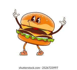 Groovy fast food cheeseburger personagem. Cartoon vetor de hambúrguer funky personagem dançando com braços levantados e assobiando melodia feliz. Suculento, saboroso hambúrguer fastfood exala as vibrações retrô dos anos 60 ou 70