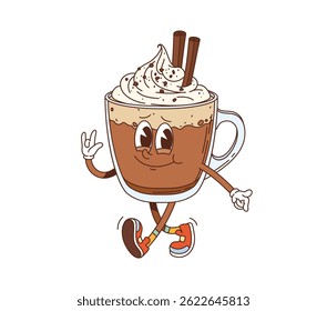 Groovy fast food coffee dessert drink character. Cafe cappuccino or latte sweet beverage groovy vector character. Fast food milk desert drink with whipped cream and chocolate cup cheerful personage
