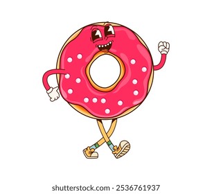 Groovy fast food donut personagem. Isolado vetor de desenho animado energético donut sobremesa personagem com sorriso funky, esmalte rosa vibrante e polvilhos, encarna uma vibração dos anos 70, com um largo, sorriso alegre