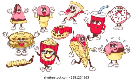 Groovy fast food and drink characters set vector illustration. Cartoon isolated funny trippy food collection of emoji with legs and arms, happy smiles on faces, hippie peace and thumbs up gestures