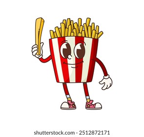 Groovy fast food frech fries character. Retro vector potato chops in a red and white striped container. Fastfood personage has a friendly face, holding a single fry and posing with a joyful expression