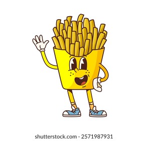 Groovy fast food French fries retro cartoon character with happy smile, vector emoji. Groovy potato fries with funny face and Hi gesture fast food snacks or kids menu character in retro cartoon