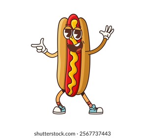 Groovy fast food hot dog character. Isolated cartoon vector psychedelic hotdog fastfood personage with a funky vibe, featuring charming smile, wearing cool sneakers and a laid-back, dance-like pose