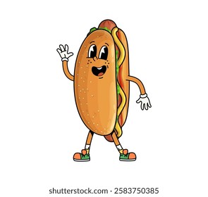 Groovy fast food hotdog character. Isolated cartoon vector tasty hot dog fastfood personage wearing cool vintage sneakers with a funky, laid back, vibe, featuring charming smile and mustard drizzle