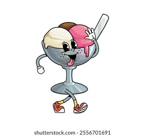 Groovy fast food ice cream sundae character featuring vibrant scoops in cup. Isolated cartoon vector comic icecream dessert personage with playful smiling face, colorful balls and funky summer vibes