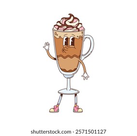 Groovy fast food ice cream dessert character. Cafe cold icy dessert meal or drink with whipped cream and chocolate topping groovy vector personage. Sweet milkshake beverage cup cheerful character