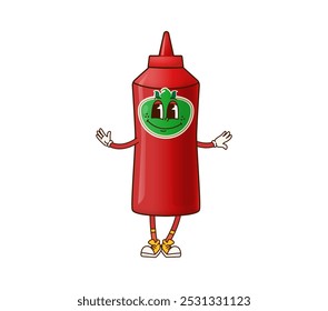 Carácter estupendo de la botella de ketchup de comida rápida. Vector de dibujos animados aislado retro, personaje funky. Catsup o salsa de tomate con nostálgico ambiente hippie. Condimento hippie vintage divertido en envase de plástico rojo