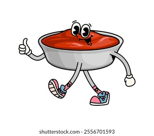 Groovy fast food ketchup character with funny face, vector cartoon comic emoji. Groovy ketchup dipping sauce in bowl with yummy thumb up gesture and happy smile for fast food cartoon retro character