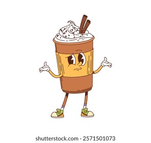 Groovy fast food milkshake drink dessert character. Cafe cocktail cartoon vector personage, takeaway dessert beverage with chocolate cute mascot, coffee drink with whipped cream cup groovy character