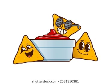 Groovy fast food nachos chips characters surrounding a bowl of salsa, display joyful expressions. Isolated cartoon vector retro playful Mexican tex mex food, crunchy snacks celebrate retro funky party