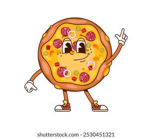 O personagem da pizza de fast food Groovy celebra a festa e as danças. Vetor de desenho animado isolado inteiro, hippie, todo pepperoni italiano personagem de comida com largo, queijo sorriso, exala um fresco, funky e vibes retro