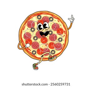 Groovy fast food pizza character. Isolated cartoon vector retro personage celebrates party and dancing. Funny, hippie, whole pepperoni fastfood pizza with wide, cheesy grin, exudes a cool, funky vibes