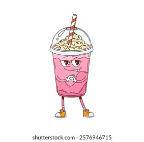 Groovy fast food smoothie drink dessert character. Fast food menu summer milkshake plastic cup cute groovy vector personage. Cold dessert drink cheerful character or takeaway beverage happy mascot