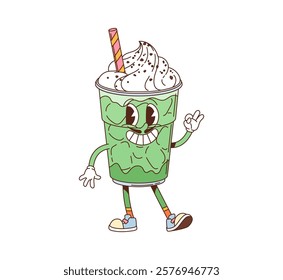 Groovy fast food smoothie drink dessert character. Takeaway milkshake beverage or sweet fruit drink with whipped cream groovy vector personage. Fast food dessert drink plastic cup funny character