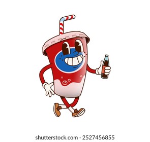 Groovy fast food soda cup character. Isolated cartoon vector cola drink personage wearing trendy sneakers, holding a glass soda bottle. Beverage with a smiling face exudes nostalgic retro hippie vibe