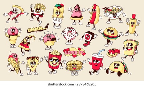 Groovy fast food stickers set vector illustration. Cartoon isolated retro crazy dance of pizza and burger mascot, fries and popcorn characters with psychedelic cute faces, funky tasty food emoji
