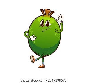 Groovy feijoa fruit, retro cartoon funny character with Hi Hello gesture, vector funky comic. Groovy retro cartoon tropical fruit feijoa with shy or silly face and happy smile walking in hipster shoes