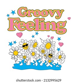 Groovy Felling funny daisy flowers
 vector for t-shirts, posters, giveaways or for any applications