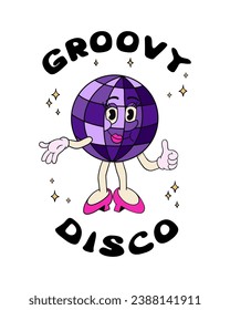 Groovy female disco ball character with hand drawn lettering. Slogan Groovy Disco. Vintage composition with hippie style lettering and funny hand drawn old cartoon character. Good for printout, poster