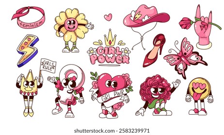 Groovy feminism cartoon characters and stickers set. Funny retro female gender symbol and heart, pink cowgirl hat, crown. Feminism mascot, cartoon collection of 70s 80s style vector illustration