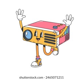 Personaje de proyector de película Groovy en cómic funky de dibujos animados retro, personaje feliz de Vector. Proyector de tira de película divertida como personaje de cómic hippie de los 70 o emoticono de emoji retro feliz sonriendo en zapatos hipster