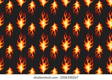 groovy fire flaming seamless pattern for print on textile, wrapping, banner, card. retro fire pattern on black background. old school flaming pattern abstract red flame seamless pattern